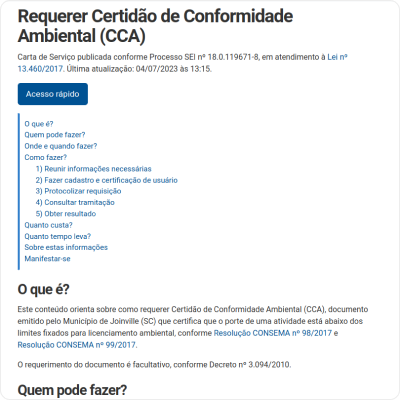 Exemplo de Carta de Serviço, um dos principais tipos de conteúdo do site